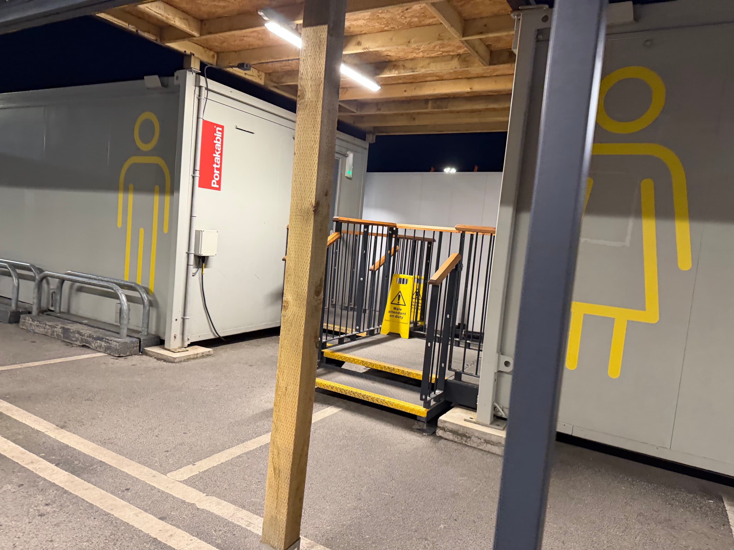 Temporary external toilets near the entrance to Leeds Bradford Airport